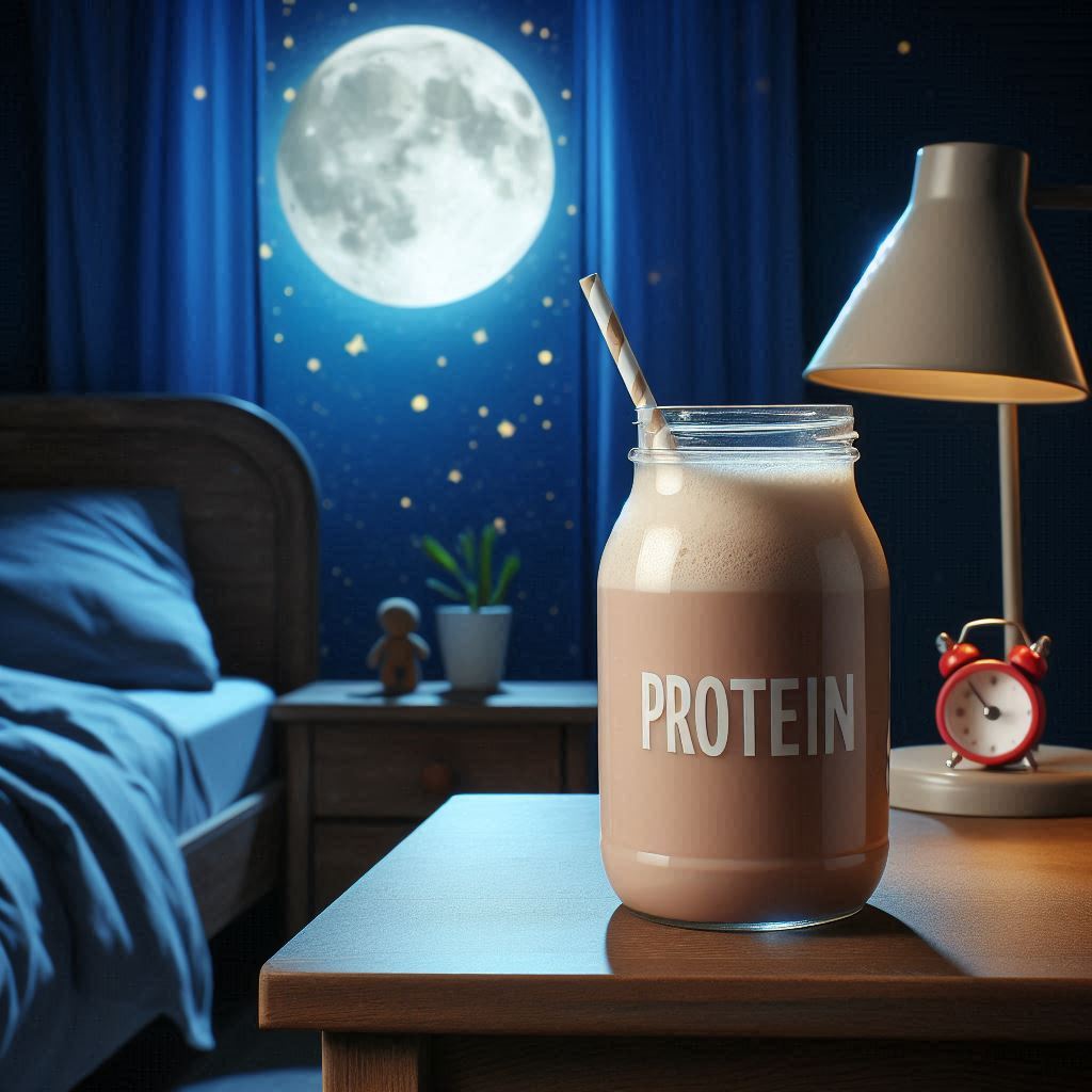 Proteinový shake koncentrát Real Pharm Casein na noční stolku